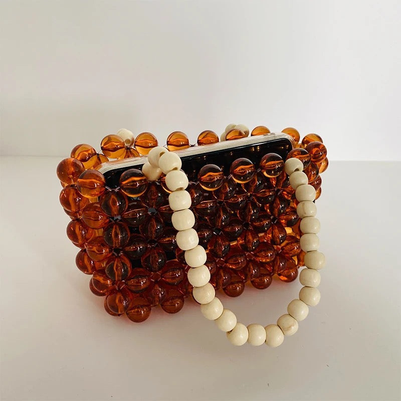 Amber Beaded Parent-Child Top Handle Bag，Beaded Bag – Handmade with Love, Timeless Elegance Luxury crystal bead bag, valentine's day gift for wife, crystal bag, elegant,evening bag, gift for her, handmade bag, wedding guest bag,