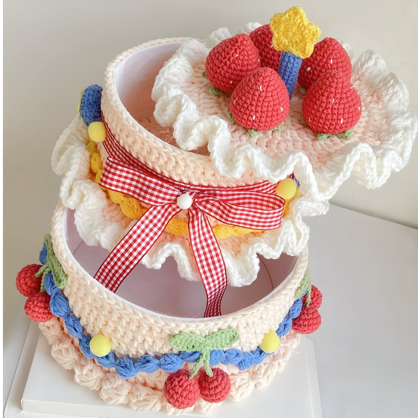 Handmade Crocheted Cake Storage Box /A Gift That Lasts Forever/Adorable Double-Layer Strawberry Cake