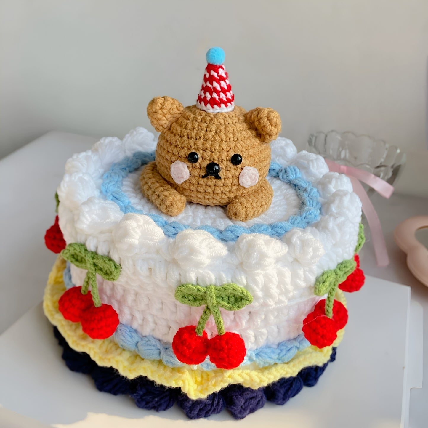 Handmade Crocheted Cake Storage Box /A Gift That Lasts Forever/Adorable blue bear cherry Cake