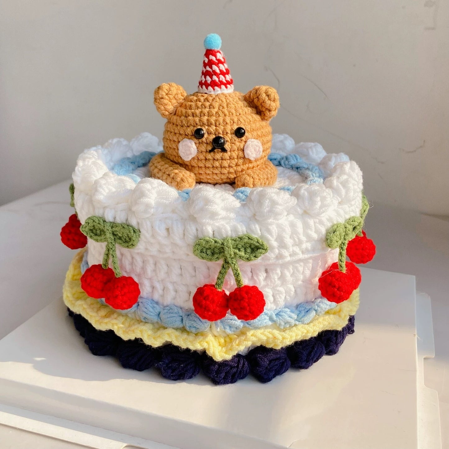 Handmade Crocheted Cake Storage Box /A Gift That Lasts Forever/Adorable blue bear cherry Cake