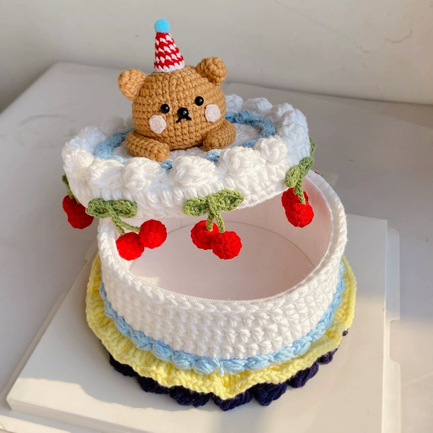 Handmade Crocheted Cake Storage Box /A Gift That Lasts Forever/Adorable blue bear cherry Cake