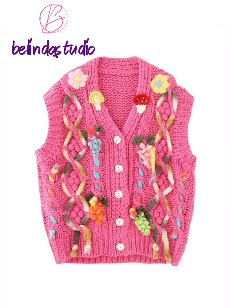 Handcrafted Colorful Pink Vest/Lazy Style/Crochet Cardigan/Gifts for love/