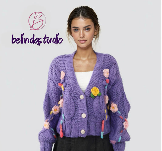 Handcrafted Colorful flower Sweater /Lazy Style/Crochet Cardigan/Gifts for love/purple cardigan