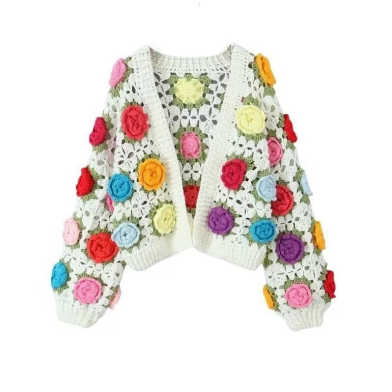 3D Rose Cardigan/Handcrafted Colorful Sweater /Lazy Style/Crochet Cardigan/Gifts for love/Handmade Cardigan/Crochet Cardigan