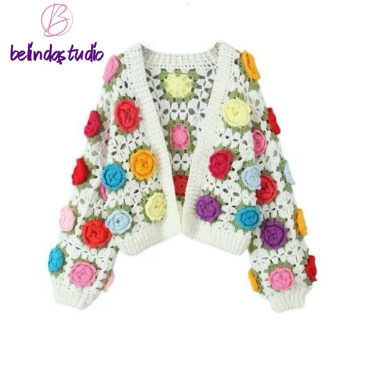 3D Rose Cardigan/Handcrafted Colorful Sweater /Lazy Style/Crochet Cardigan/Gifts for love/Handmade Cardigan/Crochet Cardigan