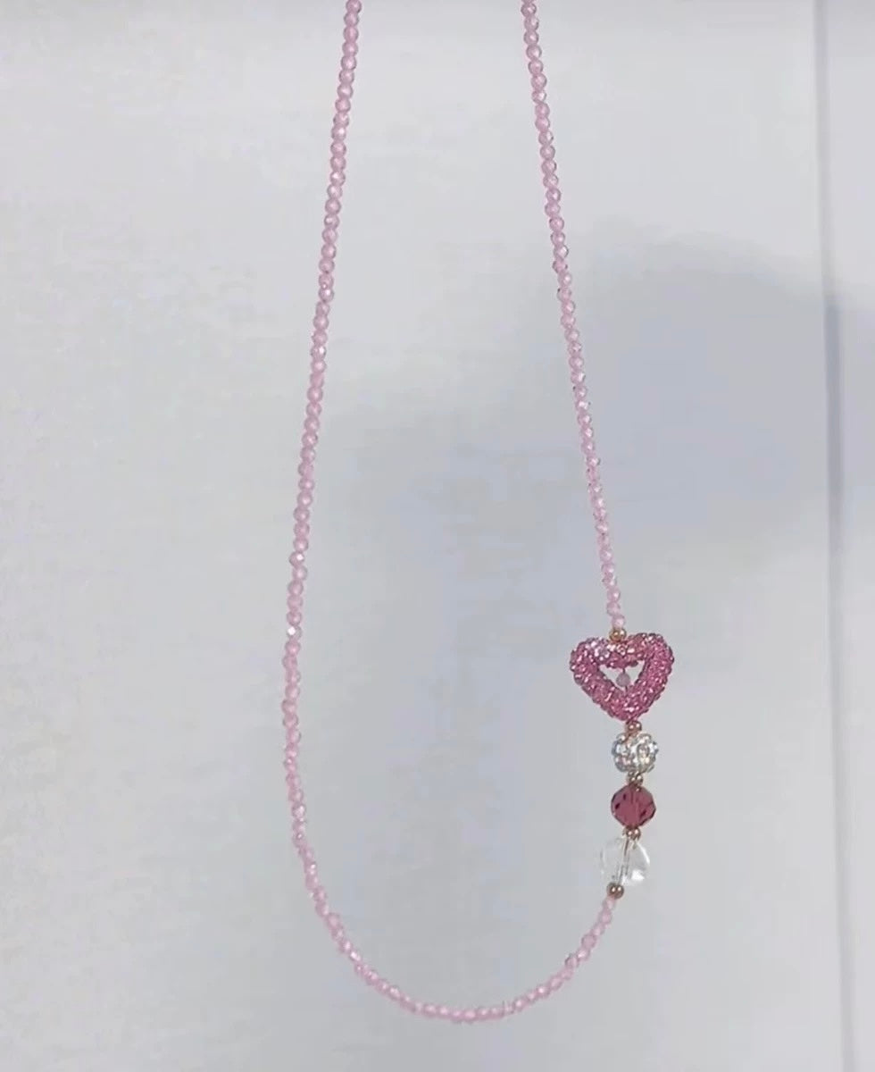 Delicate Beauty Pink Natural Crystal Heart Necklace – Summer Sweet Aesthetic, Unique Choker/gifts