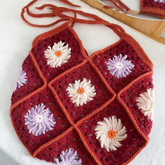 Red Purple Crochet Bag / Granny Square Bag / Knitted Women Accessory / Hobo Bag / Bohemian Style / Vintage Style / Crochet Purse / Evil Eye