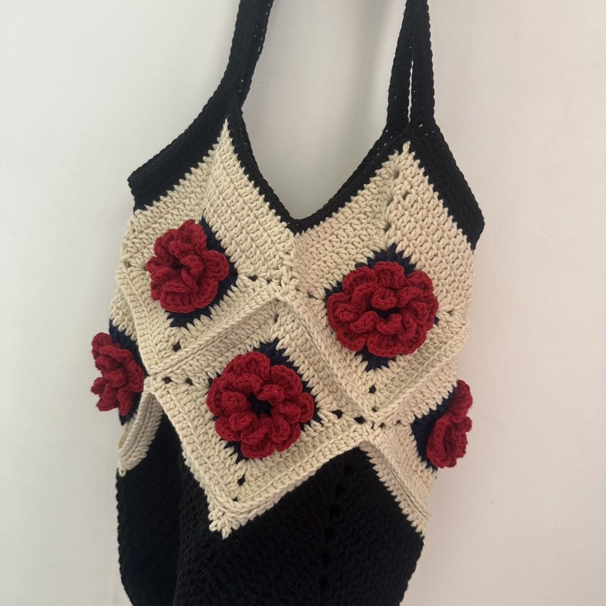 Black Rose Crochet Bag / Granny Square Bag / Knitted Women Accessory / Hobo Bag / Bohemian Style / Vintage Style / Crochet Purse / Evil Eye