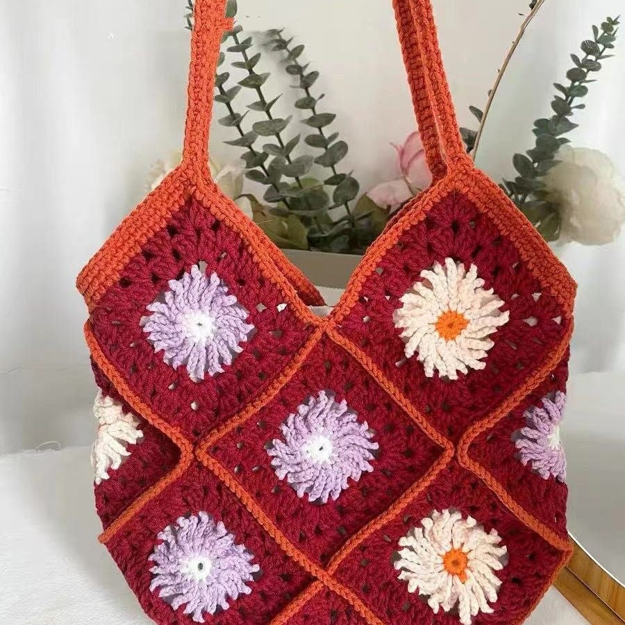 Red Purple Crochet Bag / Granny Square Bag / Knitted Women Accessory / Hobo Bag / Bohemian Style / Vintage Style / Crochet Purse / Evil Eye