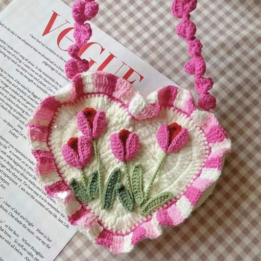 Love Shape/Tulip Crochet Bag / Pink/ Small Bag /Wedding/Anniversary/ Hobo Bag / Gift for Her / Mothers Day Gift / Hippie Bag Women Accessory / Hobo Bag / Bohemian Style / Cute Style / Crochet Purse / Baby/Teen/Valentine gift/birthday gift