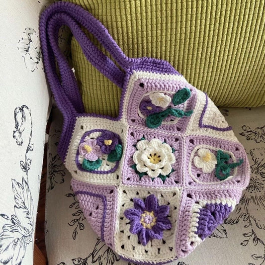 White Purple Crochet Bag / Granny Square Bag / Knitted Women Accessory / Hobo Bag / Bohemian Style / Vintage Style / Crochet Purse / Evil Eye