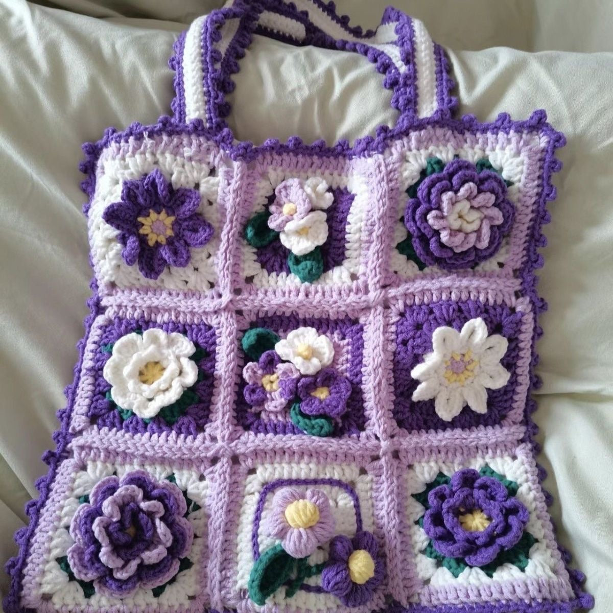 White Purple Crochet Bag / Granny Square Bag / Knitted Women Accessory / Hobo Bag / Bohemian Style / Vintage Style / Crochet Purse / Evil Eye