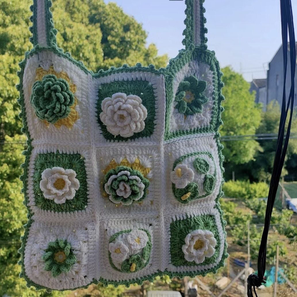 White Green Crochet Bag / Granny Square Bag / Tote Bag / Bohemian Crochet Purse / Hobo Bag / Afghan Crochet Bag / Gift for Her / Mothers Day Gift / Hippie Bag Women Accessory / Hobo Bag / Bohemian Style / Vintage Style / Crochet Purse / Evil Eye